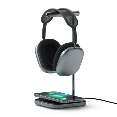 Стойка за зареждане Satechi 2-IN-1 Headphone Stand w Wireless Charger, Space Gray