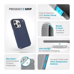 Калъф Speck iPhone 15 Pro Presidio2 Grip, Coastal Blue/Dust Grey