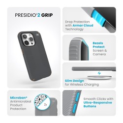 Калъф Speck iPhone 15 Pro Presidio2 Grip, Charcoal Grey/Cool